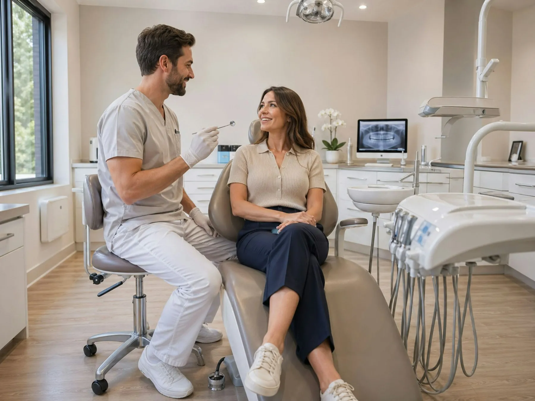 Medic stomatolog care discută cu o pacientă așezată în fotoliul dentar